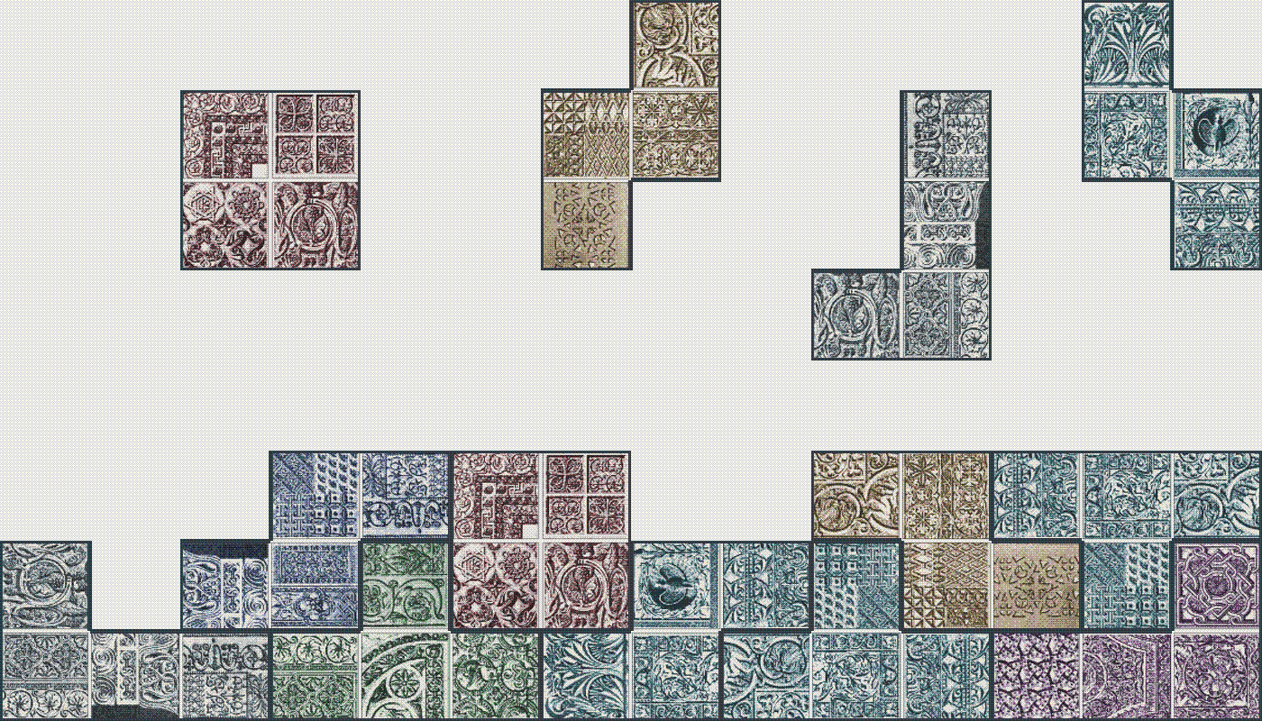Valid four-cell tetrominoes from the tutorial stacking and falling in muted mineral colors